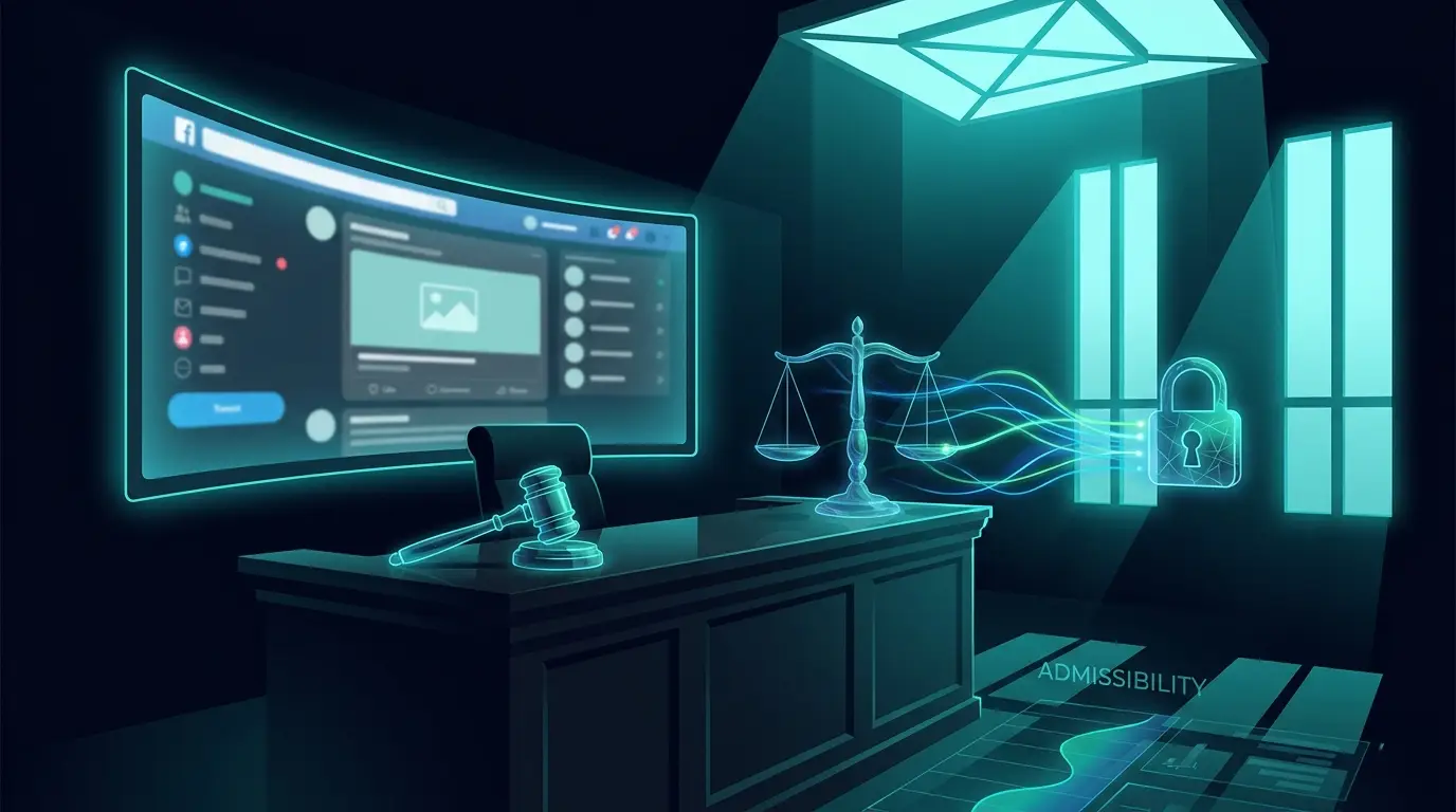Social media court evidence admissibility shown on a courtroom digital display